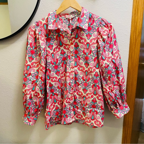 Esqualo Gathered Sleeve Print Blouse Women’s Size 6 Button Front Puff Sleeves - Picture 2 of 8